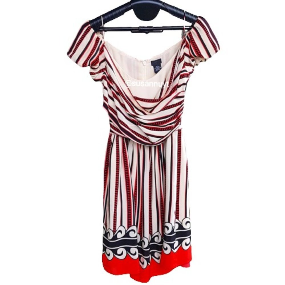 ANNA SUI Retro Pin-Up Orange Striped Pattern 100% Silk Shell Cold Shoulder Dress